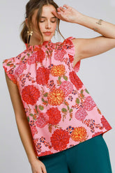 Umgee Full Size Floral Print Ruffled Cap Sleeve Blouse Plus Size OutfitFlow